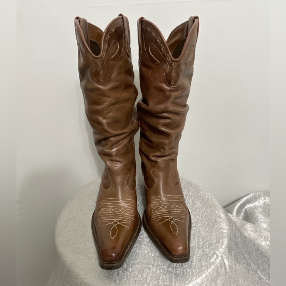 Steve Madden Spurs 68 Brown Leather Western Slouch Boots-Women’s Size 6B(B45)✨✨